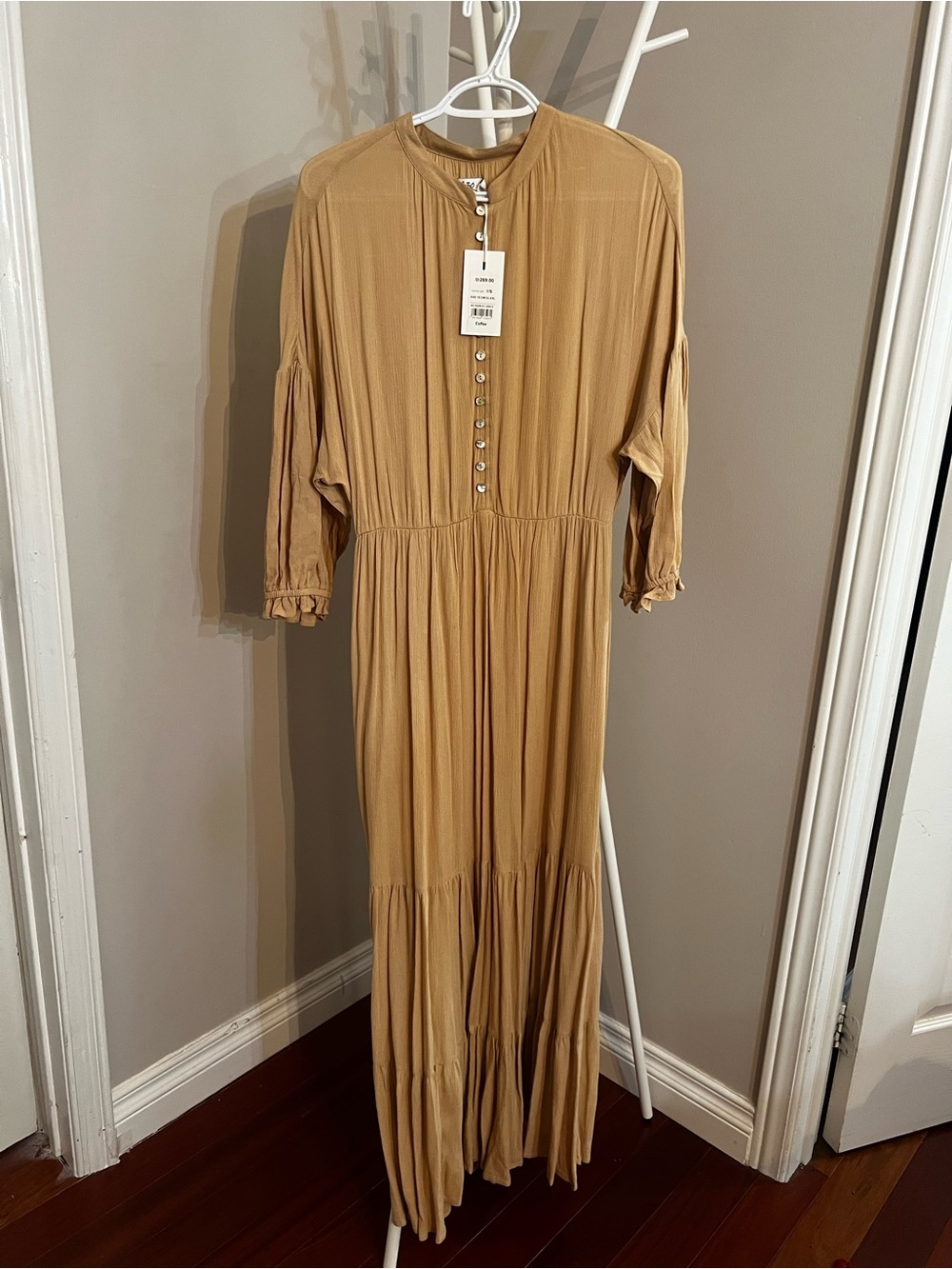 ASTR Long-Sleeve Tiered Maxi Dress in Camel/Tan